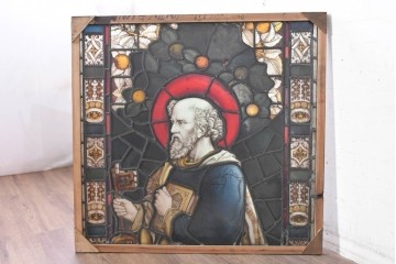 フランスアンティーク建具　1900年頃　エナメル絵付け　鍵と書物を手にした聖人が印象的なステンドグラス2枚セット　(R-089977)