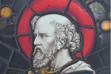 フランスアンティーク建具　1900年頃　エナメル絵付け　鍵と書物を手にした聖人が印象的なステンドグラス2枚セット　(R-089977)