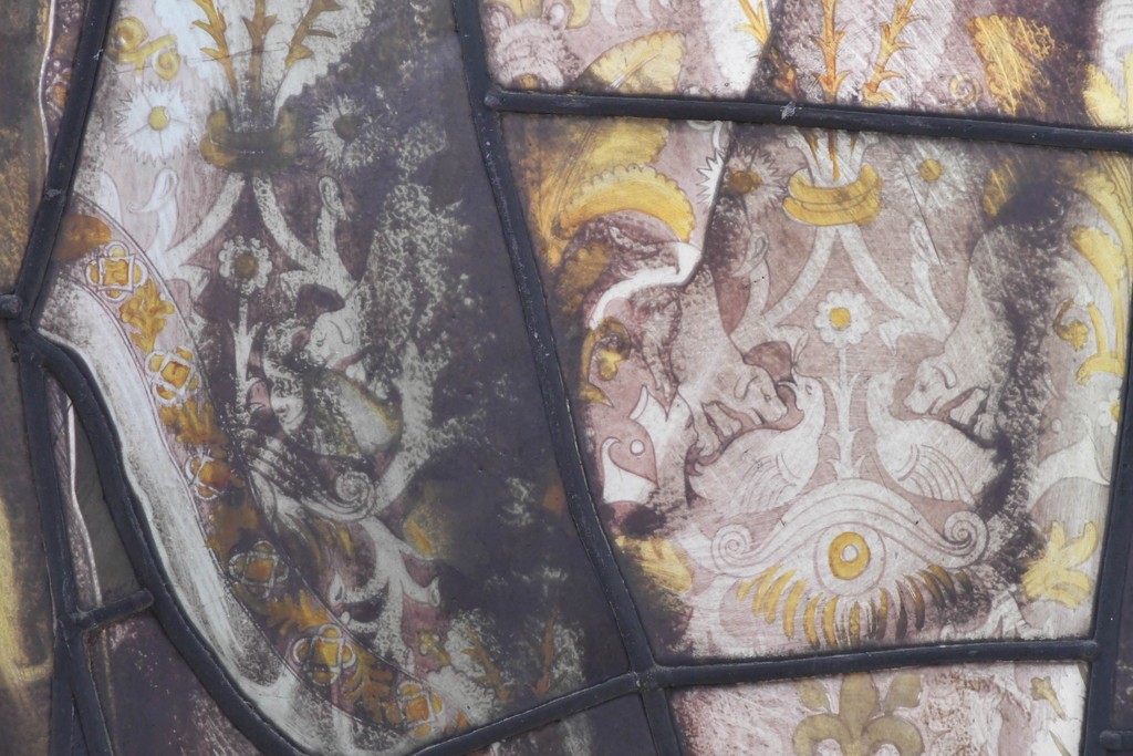 フランスアンティーク建具　1900年頃　エナメル絵付け　鍵と書物を手にした聖人が印象的なステンドグラス2枚セット　(R-089977)