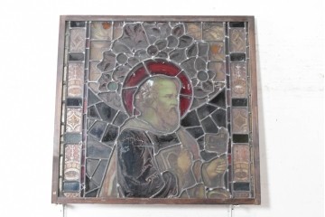 フランスアンティーク建具　1900年頃　エナメル絵付け　鍵と書物を手にした聖人が印象的なステンドグラス2枚セット　(R-089977)