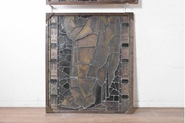 フランスアンティーク建具　1900年頃　エナメル絵付け　鍵と書物を手にした聖人が印象的なステンドグラス2枚セット　(R-089977)