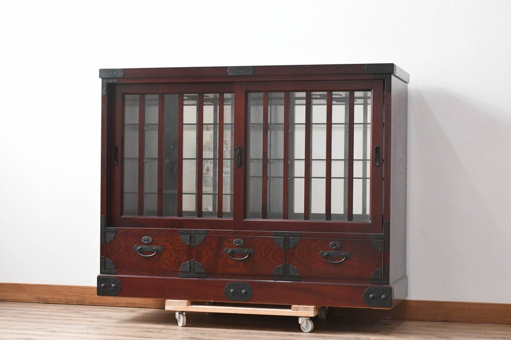 中古　美品　筑後民芸　川野工芸　力強く美しい木目が際立つ飾り棚　(R-089988)