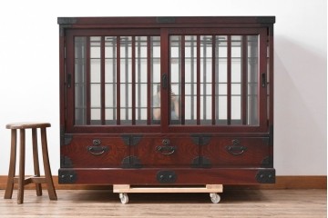 中古　美品　筑後民芸　川野工芸　力強く美しい木目が際立つ飾り棚　(R-089988)