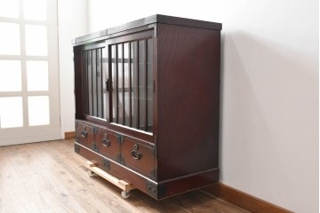 中古　美品　筑後民芸　川野工芸　力強く美しい木目が際立つ飾り棚　(R-089988)