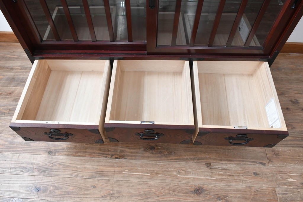 中古　美品　筑後民芸　川野工芸　力強く美しい木目が際立つ飾り棚　(R-089988)