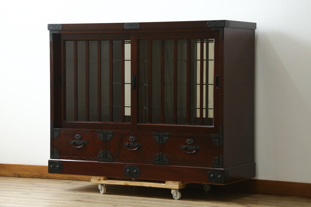 中古　美品　筑後民芸　川野工芸　力強く美しい木目が際立つ飾り棚　(R-089988)
