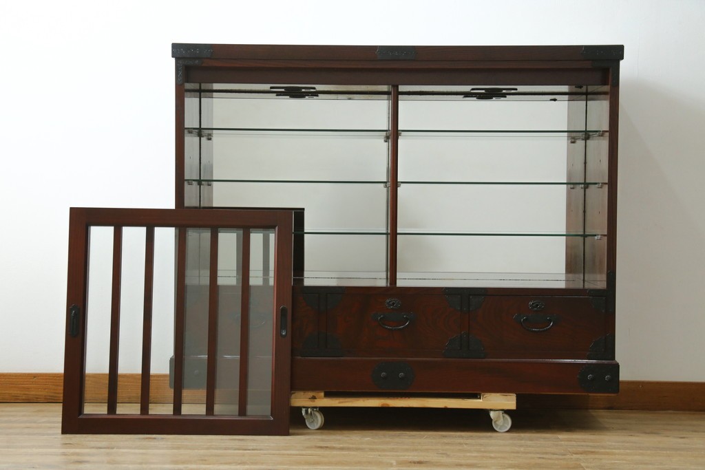 中古　美品　筑後民芸　川野工芸　力強く美しい木目が際立つ飾り棚　(R-089988)