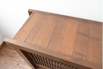 中古　美品　職人手作り品　タモ材　水屋箪笥上段　繊細で整然と並ぶ格子戸が魅力の収納棚　(R-089990)