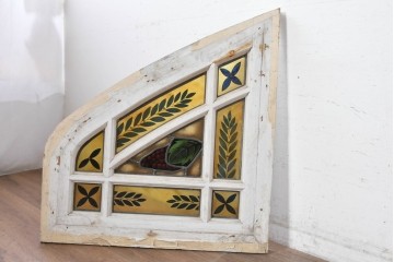 イギリスアンティーク　1930年頃　エナメル絵付け　草花と果実が華やかなステンドグラスのFIX窓2枚セット　(R-090026)