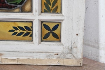 イギリスアンティーク　1930年頃　エナメル絵付け　草花と果実が華やかなステンドグラスのFIX窓2枚セット　(R-090026)