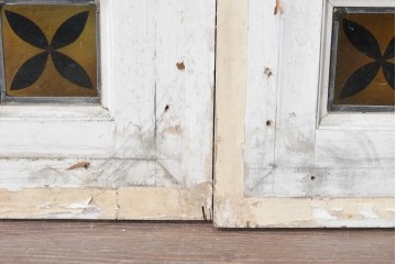 イギリスアンティーク　1930年頃　エナメル絵付け　草花と果実が華やかなステンドグラスのFIX窓2枚セット　(R-090026)
