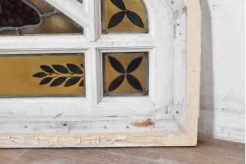 イギリスアンティーク　1930年頃　エナメル絵付け　草花と果実が華やかなステンドグラスのFIX窓2枚セット　(R-090026)