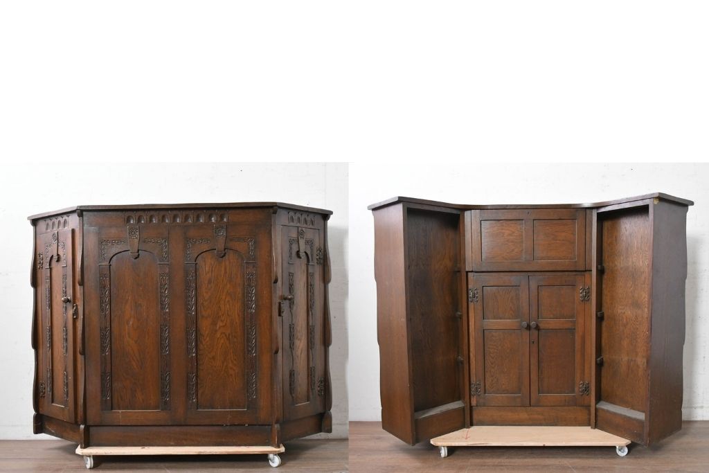 イギリスアンティーク　1940年から1950年頃　オーク材　植物モチーフの彫刻が上品なカウンターテーブル　(R-090037)