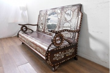 中国ヴィンテージ　1950年から1970年頃　高級品!　紫檀(シタン)材・大理石(雲石)　中国伝統の螺鈿細工を贅沢に施したベンチ　(R-090052)