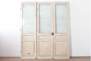 フランスアンティーク　1900年頃　特大!!　伸びやかな草花のエッチングガラスが美しい!　折れ戸と片開き戸の3枚セット　(R-090058)