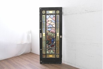 イギリスアンティーク建具　1920年頃　エナメル彩色　麦などの実りのモチーフが印象的なステンドグラス入りドア1枚　(R-090078)