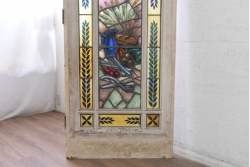 イギリスアンティーク建具　1920年頃　エナメル彩色　麦などの実りのモチーフが印象的なステンドグラス入りドア1枚　(R-090078)