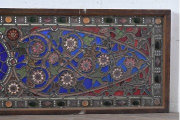 イギリスアンティーク　1900年頃　特大!!　幅約2.5m　エナメル彩色　広がる花々の意匠を描いたステンドグラス1枚　(R-090079)