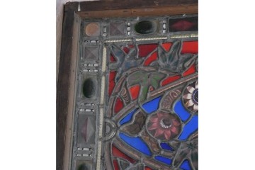 イギリスアンティーク　1900年頃　特大!!　幅約2.5m　エナメル彩色　広がる花々の意匠を描いたステンドグラス1枚　(R-090079)