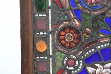 イギリスアンティーク　1900年頃　特大!!　幅約2.5m　エナメル彩色　広がる花々の意匠を描いたステンドグラス1枚　(R-090079)