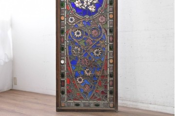 イギリスアンティーク　1900年頃　特大!!　幅約2.5m　エナメル彩色　広がる花々の意匠を描いたステンドグラス1枚　(R-090079)