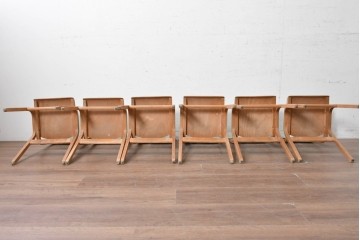 【簡易リペア限定品】　イギリスヴィンテージ　スタッキングできる淡いグリーンカラーのスクールチェア6脚セット　(R-090097)