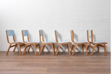 【簡易リペア限定品】　イギリスヴィンテージ　スタッキングできるライトブルーカラーのチャイルドチェア6脚セット　(R-090098)