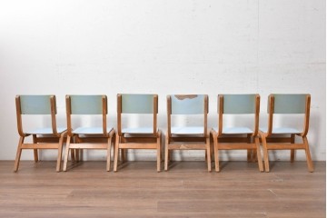 【簡易リペア限定品】　イギリスヴィンテージ　スタッキングできるライトブルーカラーのチャイルドチェア6脚セット　(R-090098)