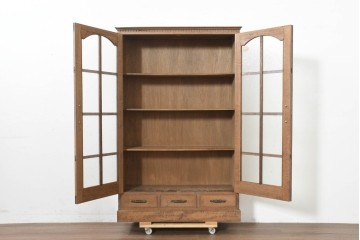 和製ヴィンテージ　神戸洋家具　ナラ材　模様入り型板ガラス扉が目を引くブックケース　(R-090100)