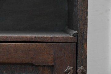 イギリスアンティーク　オーク材　彫刻入り扉を備えたスリムなサイドキャビネット　(R-090144)