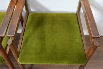 和製ヴィンテージ　昭和中期　ナラ材　グリーンの張地が彩りを添えるアームチェア4脚セット　(R-090147)
