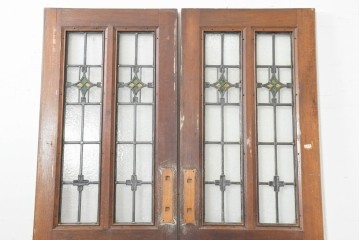 アンティーク建具　1920年から1930年頃　オーク材　ひし形意匠のステンドグラス入りドア2枚(1対)セット　(R-090170)