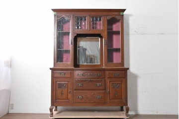 イギリスアンティーク　オーク材　クラシカルな佇まいのミラーバックキャビネット　(R-090191)