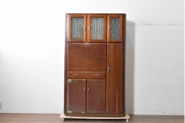 イギリスヴィンテージ　NEATETTE　型板ガラス入り　多彩な収納を備えたオールインワン型キッチンキャビネット　(R-090197)