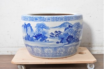 和製ヴィンテージ　昭和中期　特大!!　風情豊かな山水図が美しい瀬戸火鉢　(R-090200)