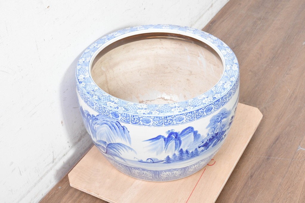 和製ヴィンテージ　昭和中期　特大!!　風情豊かな山水図が美しい瀬戸火鉢　(R-090200)