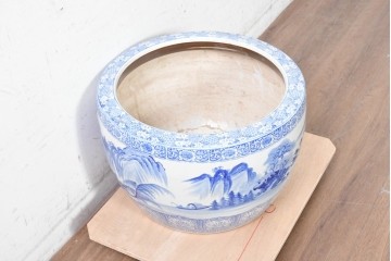 和製ヴィンテージ　昭和中期　特大!!　風情豊かな山水図が美しい瀬戸火鉢　(R-090200)