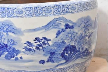 和製ヴィンテージ　昭和中期　特大!!　風情豊かな山水図が美しい瀬戸火鉢　(R-090200)