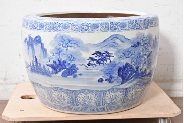 和製ヴィンテージ　昭和中期　特大!!　風情豊かな山水図が美しい瀬戸火鉢　(R-090200)
