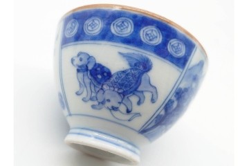 江戸から明治期　古伊万里　染付　犬図が印象的な煎茶碗5点セット　(R-090231)