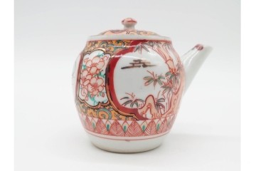 湖東焼　赤絵　華やかな松竹梅図の茶器セット　外箱付き　(R-090232)