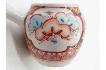 湖東焼　赤絵　華やかな松竹梅図の茶器セット　外箱付き　(R-090232)