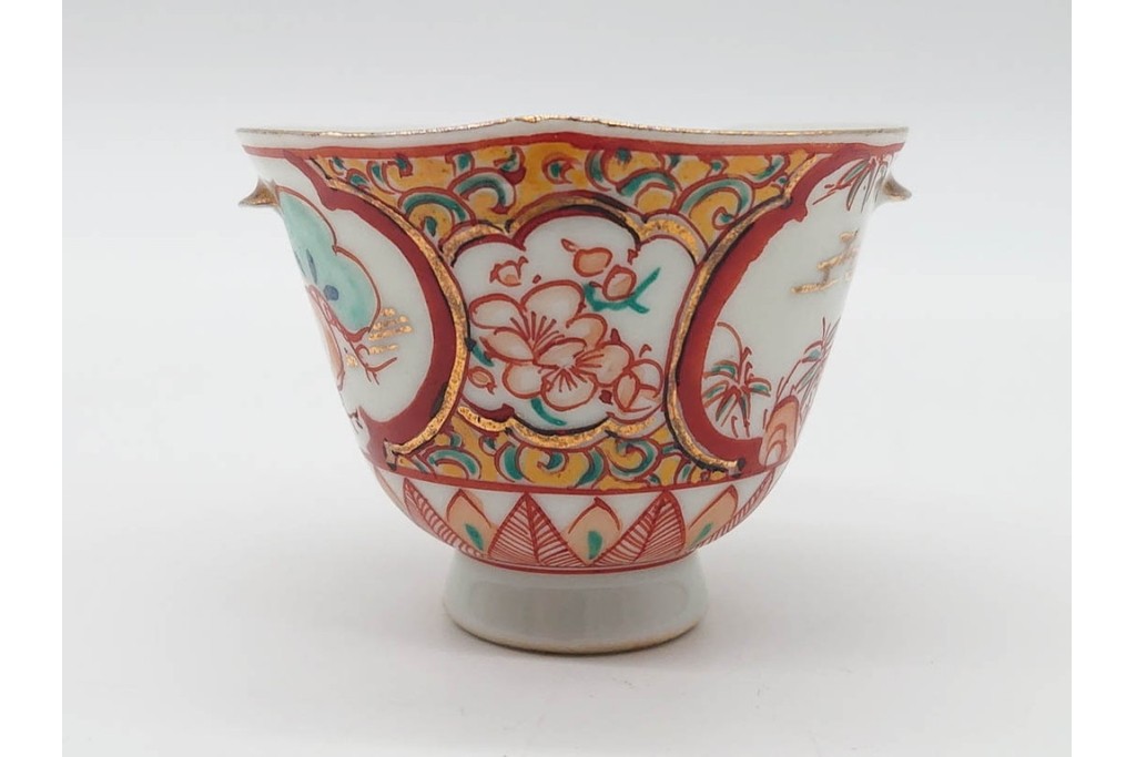 湖東焼　赤絵　華やかな松竹梅図の茶器セット　外箱付き　(R-090232)