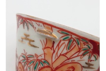 湖東焼　赤絵　華やかな松竹梅図の茶器セット　外箱付き　(R-090232)