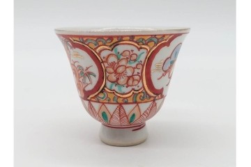 湖東焼　赤絵　華やかな松竹梅図の茶器セット　外箱付き　(R-090232)