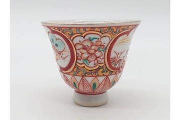 湖東焼　赤絵　華やかな松竹梅図の茶器セット　外箱付き　(R-090232)