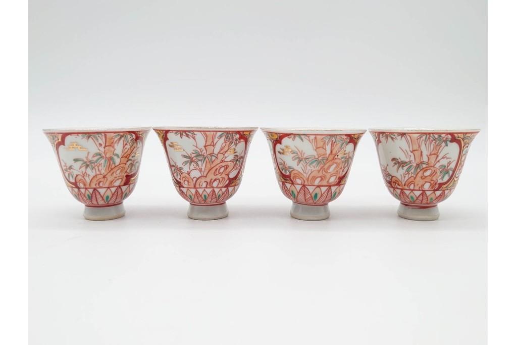 湖東焼　赤絵　華やかな松竹梅図の茶器セット　外箱付き　(R-090232)