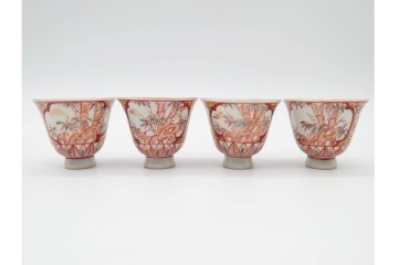 湖東焼　赤絵　華やかな松竹梅図の茶器セット　外箱付き　(R-090232)
