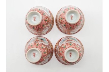 湖東焼　赤絵　華やかな松竹梅図の茶器セット　外箱付き　(R-090232)