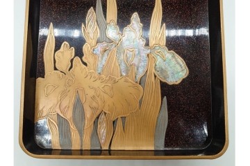 明治から大正期　木製　瓢箪文・菖蒲文　梨地蒔絵と螺鈿細工が目を引く硯箱(硯・水滴付き)　外箱付き　(R-090235)